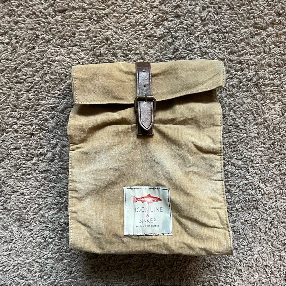 Hook Line & Sinker Tan Tin Cloth Waxed Canvas & Leather Insulated Lunch Bag Tote